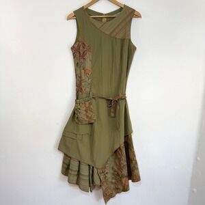 Lili Chic Patchwork Dress Green Lagenlook Asymmetrical Forest Fairy Boho 40 M